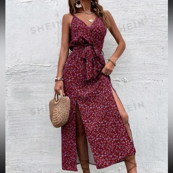 SHEIN | Dresses | Shein Vcay Ditsy Floral Print Slit Hem Belted Cami Dress  Burgundy Size L 8 | Poshmark